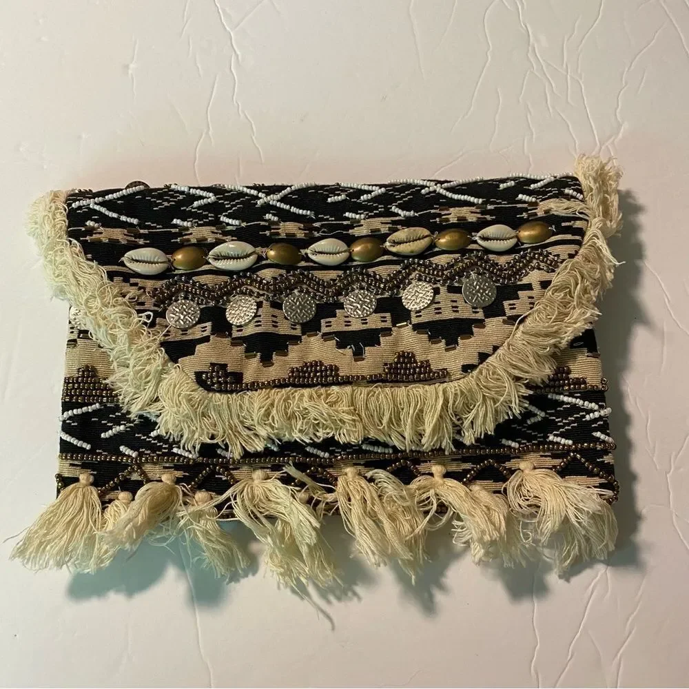 Express Boho Beaded Crossbody Envelope Bag Purse Fringe Seashells medallion